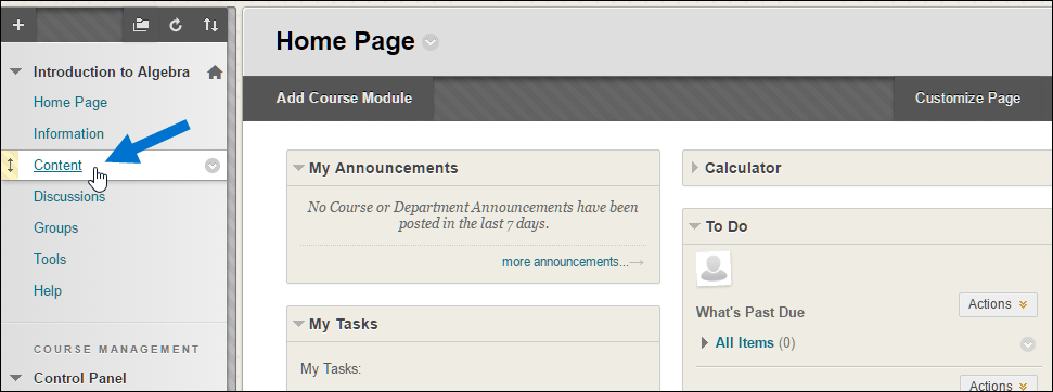 Blackboard interface selecting Content from the control panel