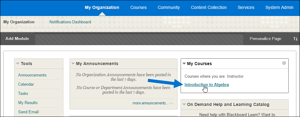 Blackboard interface selecting from a list of courses