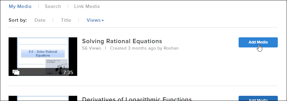 View of TechSmith Relay media library in Blackboard